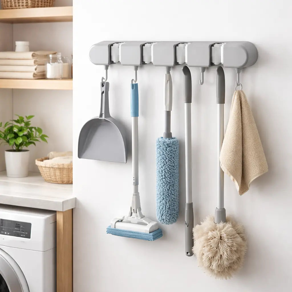 Wall-Mounted Mop Holder — Space-Saving Organizer with Hooks