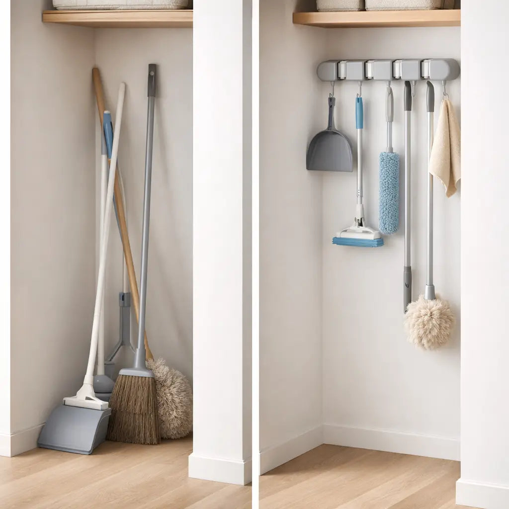 Wall-Mounted Mop Holder — Space-Saving Organizer with Hooks
