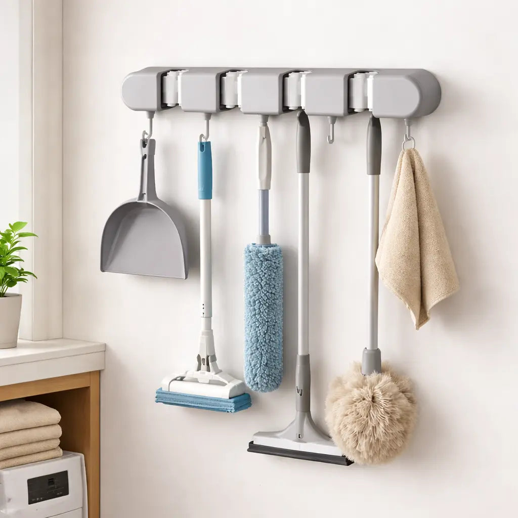 Wall-Mounted Mop Holder — Space-Saving Organizer with Hooks