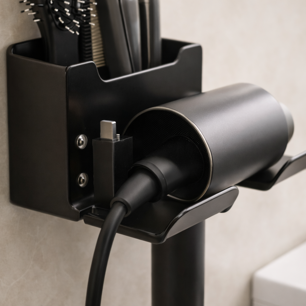Wall Mounted Hair Dryer Holder with Storage Shelf – Space Saving Bathroom Organizer for Dryer, Straightener & Brushes
