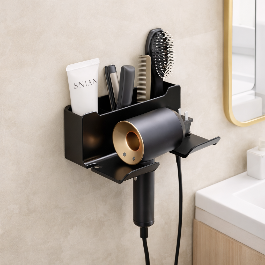 Wall Mounted Hair Dryer Holder with Storage Shelf – Space Saving Bathroom Organizer for Dryer, Straightener & Brushes