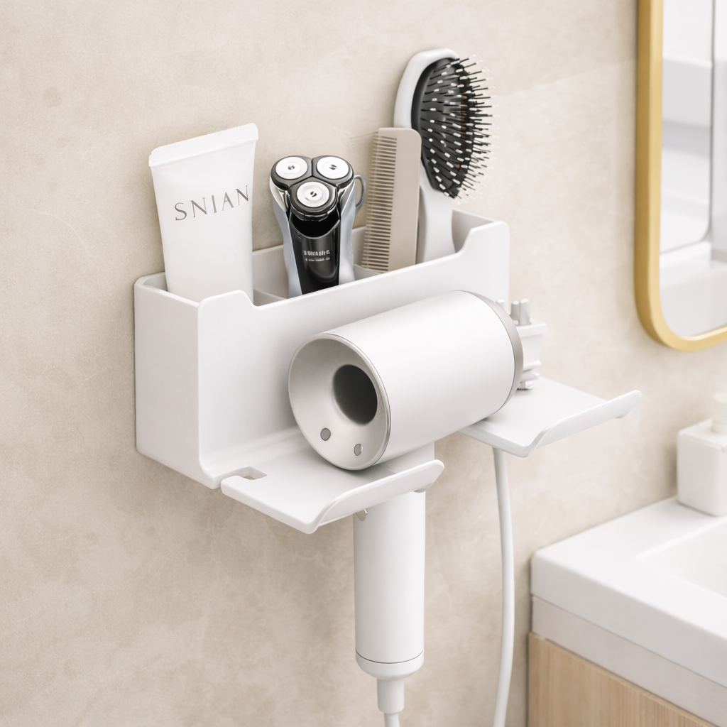 Wall Mounted Hair Dryer Holder with Storage Shelf – Space Saving Bathroom Organizer for Dryer, Straightener & Brushes