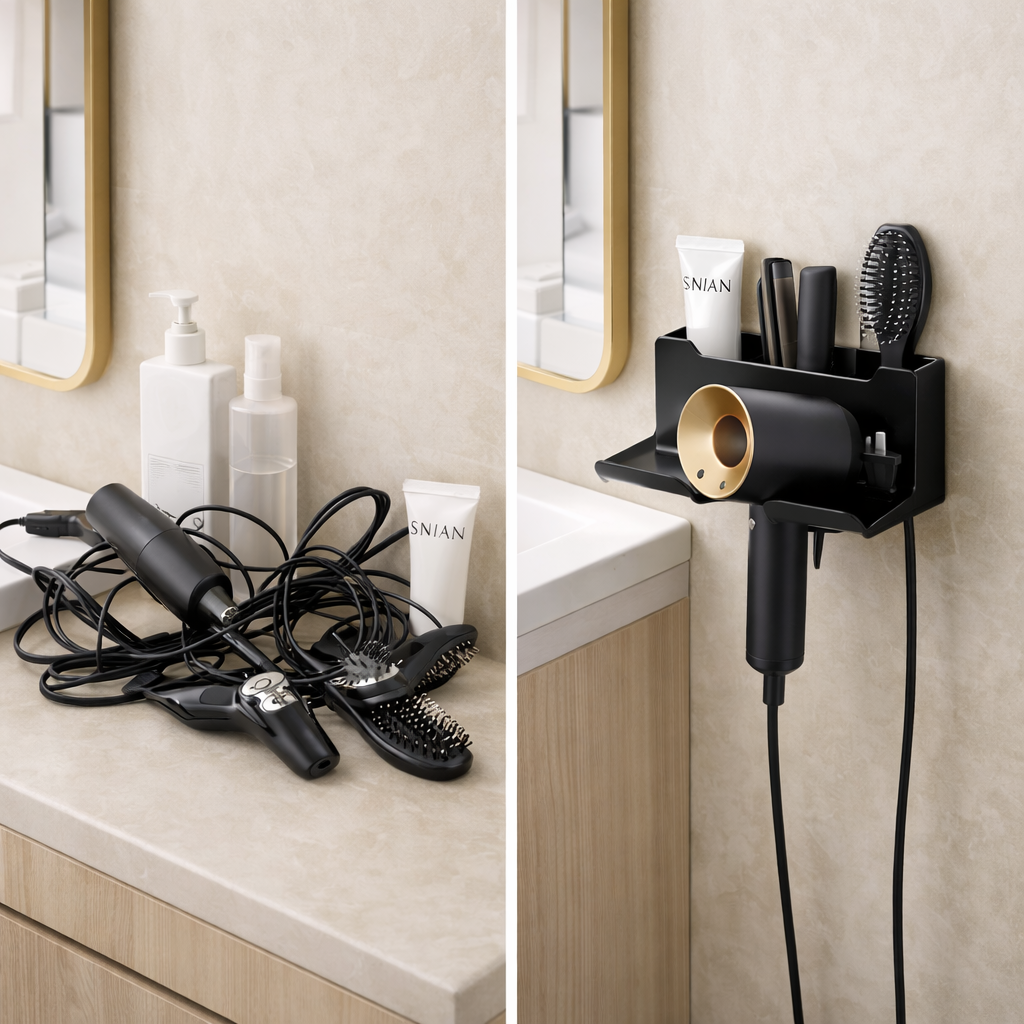 Wall Mounted Hair Dryer Holder with Storage Shelf – Space Saving Bathroom Organizer for Dryer, Straightener & Brushes