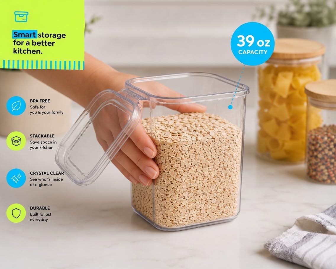 10 Pack 39 Oz Airtight Food Storage Containers with Attached Hinged Lids – Stackable BPA Free Plastic Pantry Storage Containers for Flour, Sugar & Cereal – Clear Kitchen Containers