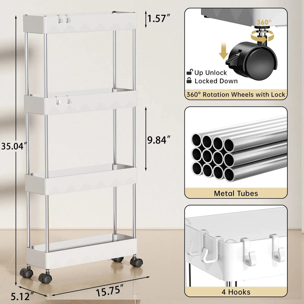 5.1” Slim Rolling Storage Cart for Narrow Spaces – 4-Tier Gap Organizer