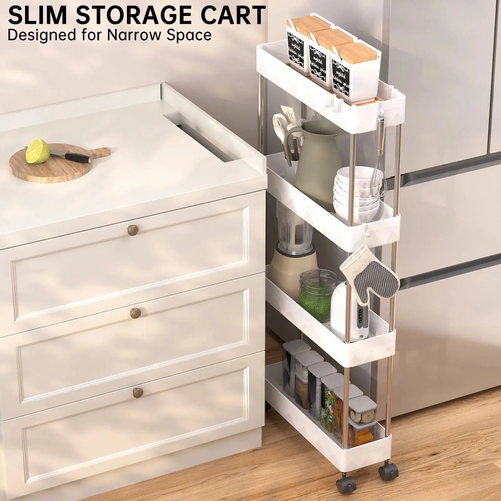 5.1” Slim Rolling Storage Cart for Narrow Spaces – 4-Tier Gap Organizer