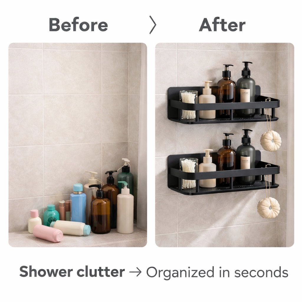 No Drill Aluminum Shower Shelf SimplyStoredHome