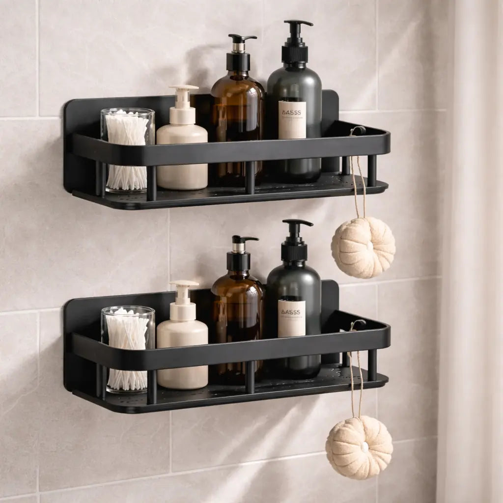 No Drill Aluminum Shower Shelf – Wall Mounted Bathroom & Kitchen Storage Organizer Rack (Single / 2PCS, Black or Silver) SimplyStoredHome