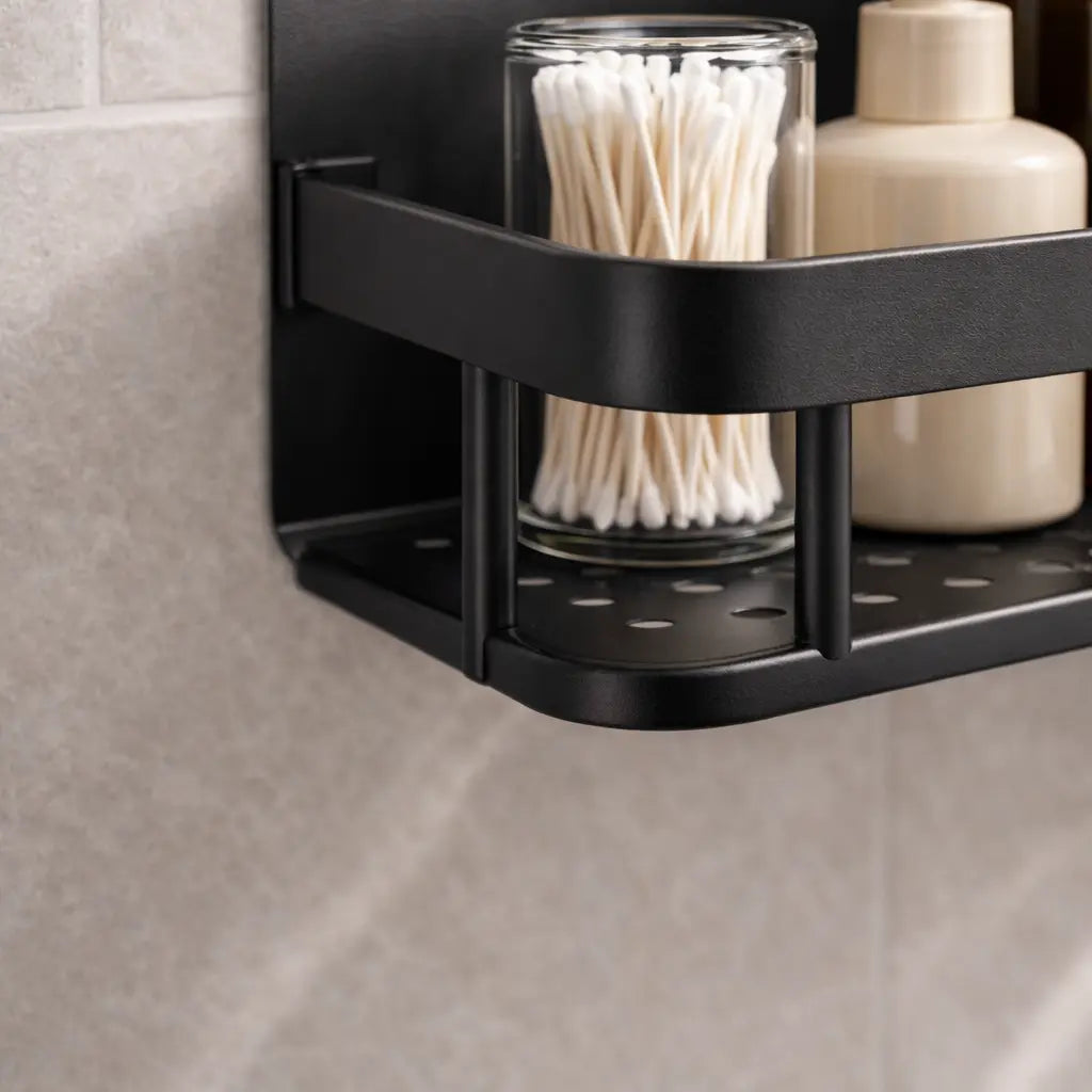 No Drill Aluminum Shower Shelf – Wall Mounted Bathroom & Kitchen Storage Organizer Rack (Single / 2PCS, Black or Silver) SimplyStoredHome