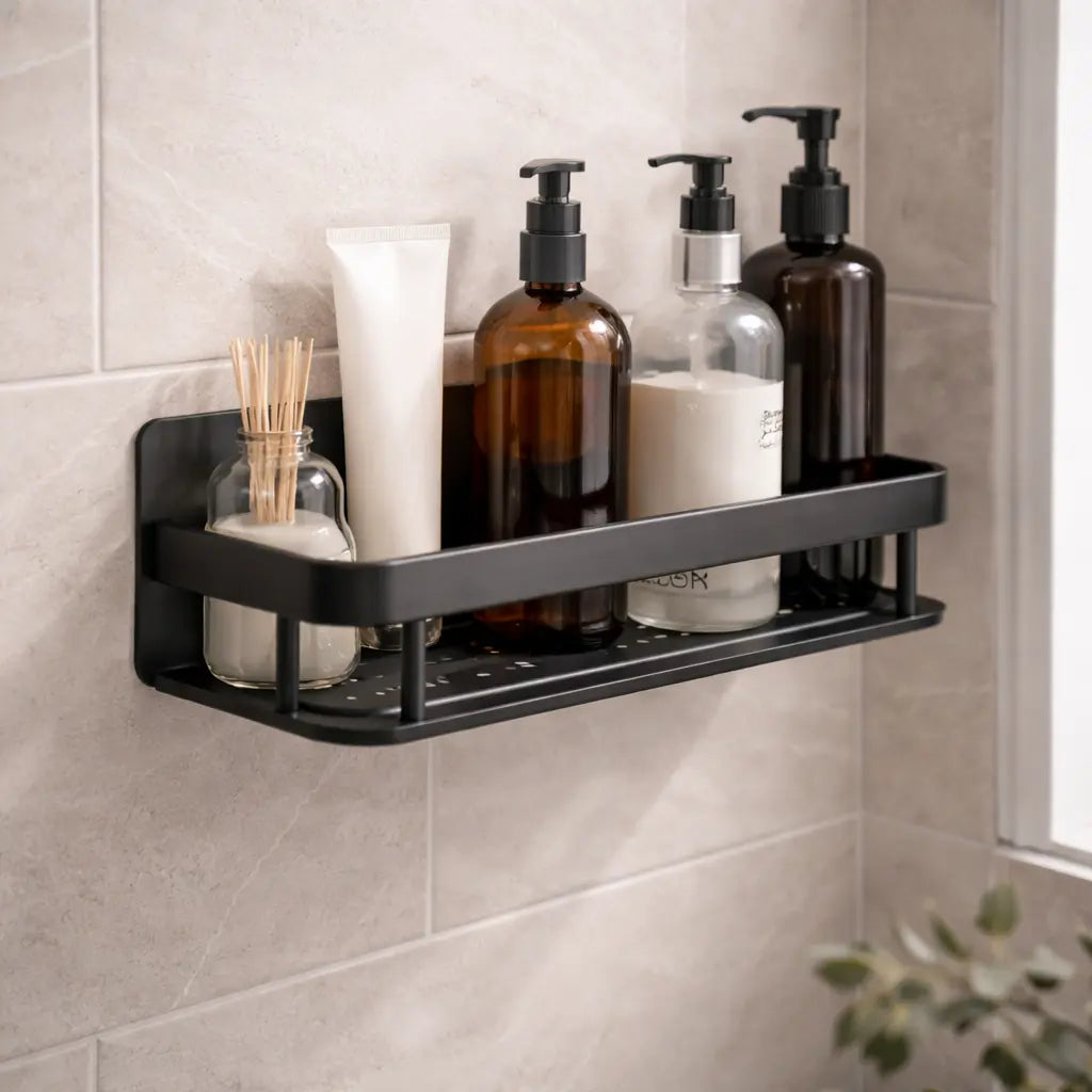 No Drill Aluminum Shower Shelf – Wall Mounted Bathroom & Kitchen Storage Organizer Rack (Single / 2PCS, Black or Silver) SimplyStoredHome