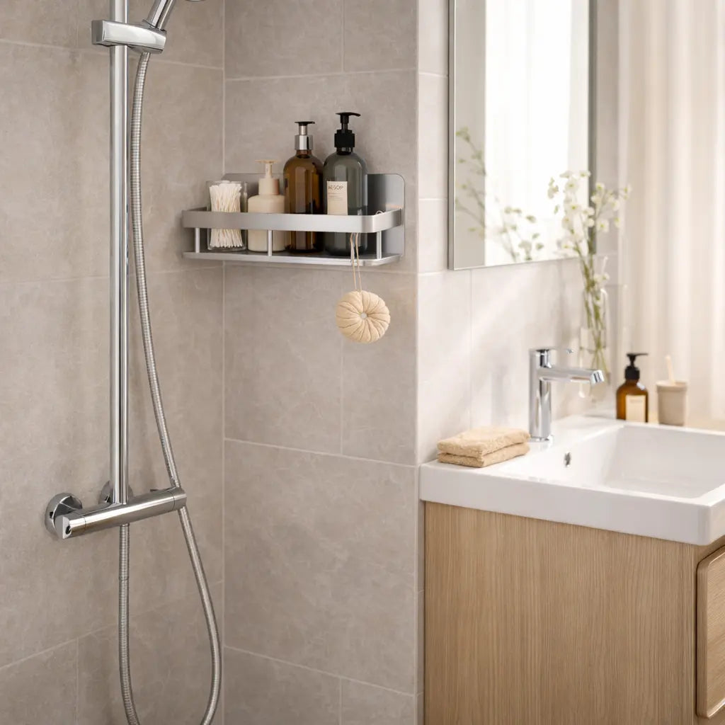 No Drill Aluminum Shower Shelf – Wall Mounted Bathroom & Kitchen Storage Organizer Rack (Single / 2PCS, Black or Silver) SimplyStoredHome