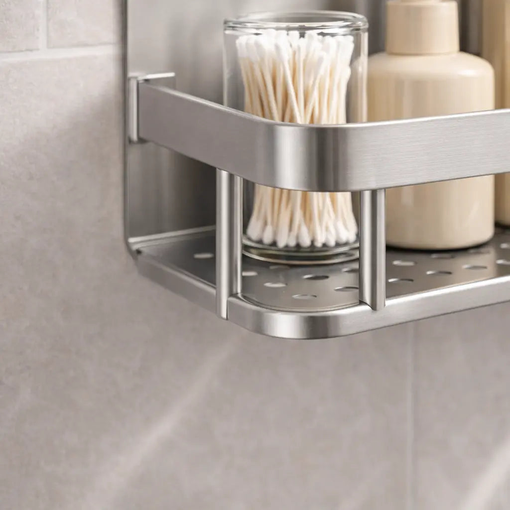 No Drill Aluminum Shower Shelf – Wall Mounted Bathroom & Kitchen Storage Organizer Rack (Single / 2PCS, Black or Silver) SimplyStoredHome