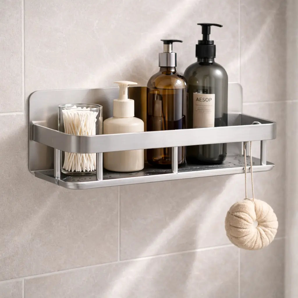 No Drill Aluminum Shower Shelf – Wall Mounted Bathroom & Kitchen Storage Organizer Rack (Single / 2PCS, Black or Silver) SimplyStoredHome