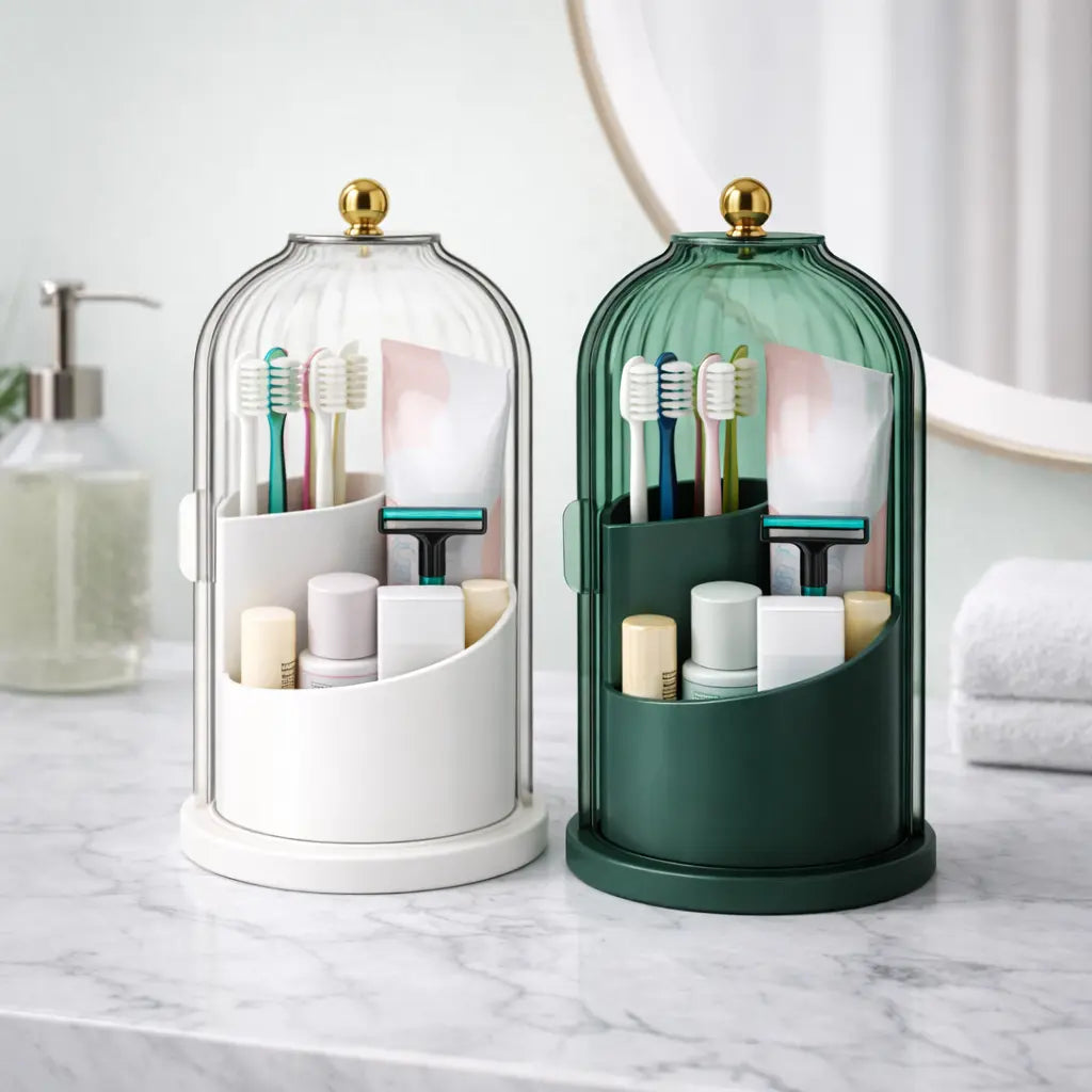 Rotating Toothbrush Holder with Sliding Lid – 3 Slot Bathroom Organizer - SimplyStoredHome