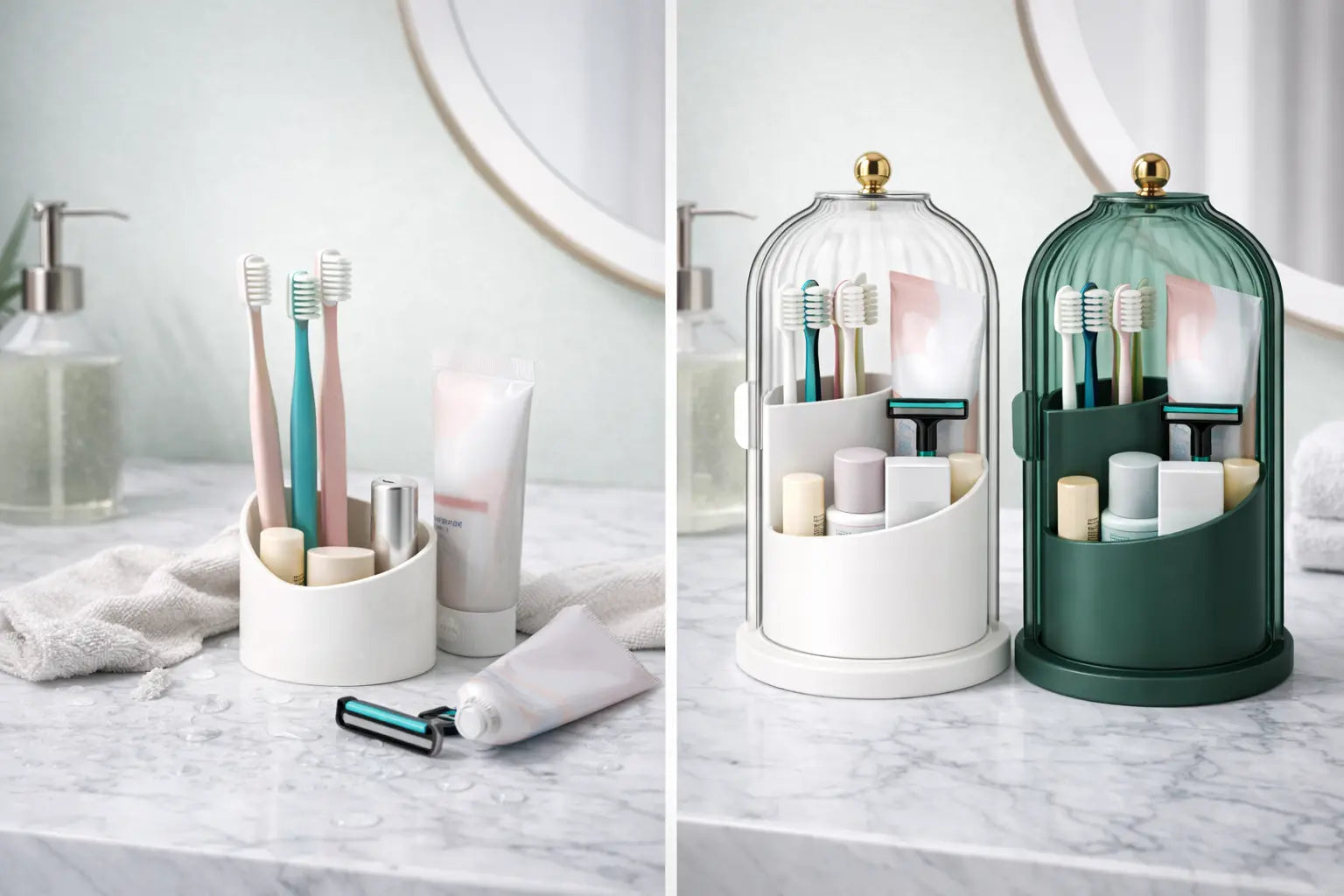 Rotating Toothbrush Holder with Sliding Lid – 3 Slot Bathroom Organizer - SimplyStoredHome