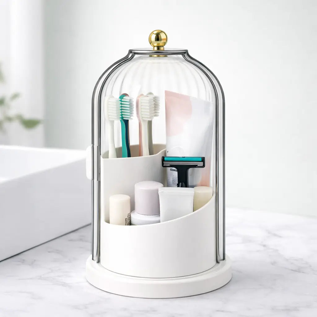 Rotating Toothbrush Holder with Sliding Lid – 3 Slot Bathroom Organizer - SimplyStoredHome